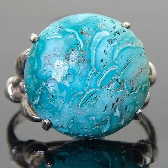 Vintage Sterling Silver Ring with Natural Chrysocolla Stone, Custom Made Ring - Picture 3 of 7